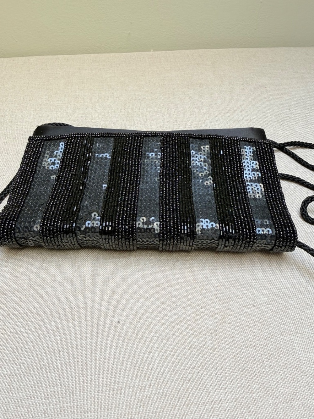 Black Satin and Sequins Evening Bag Purse Formal Prom Wedding - Picture 8 of 8